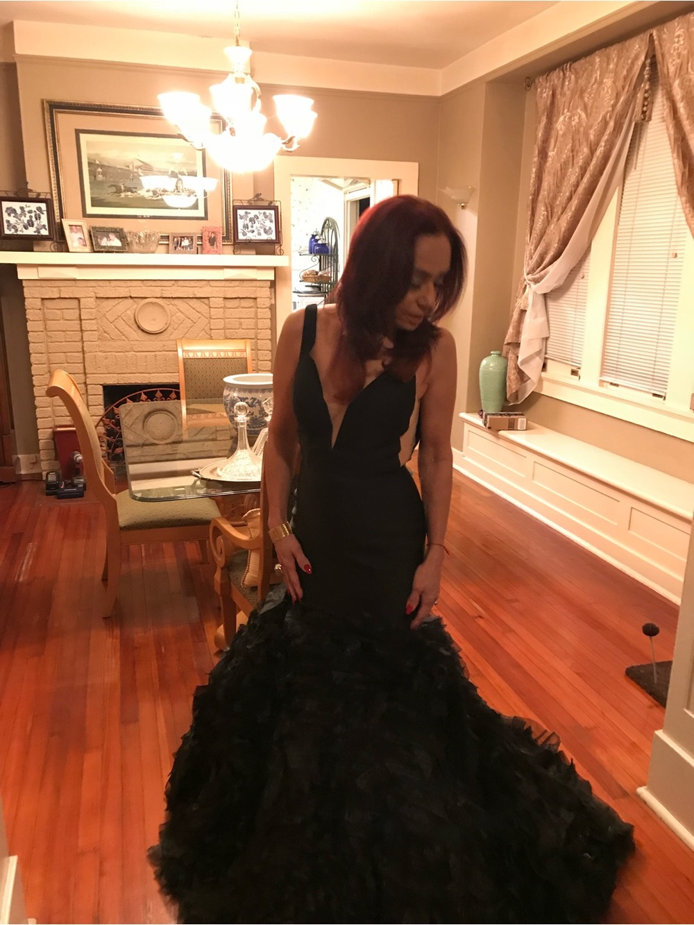 Sherri Hill Black Plunging V-Neck Mermaid Gown with Ruffled Skirt - Picture 4 of 11